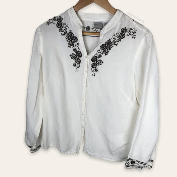 Emma James Petite White Collared Button Up Shirt Floral Embroidery - Picture 1 of 8